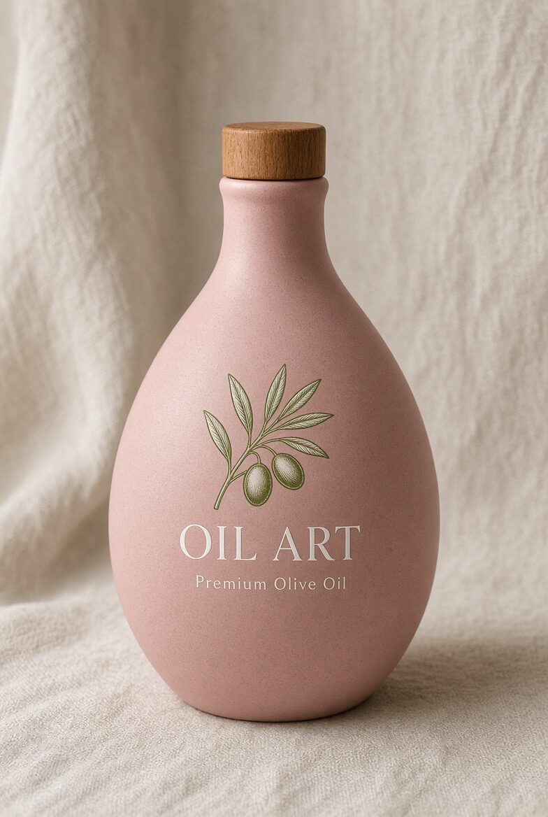 Botella Oilart de cerámica arcilla mate sobre lino natural