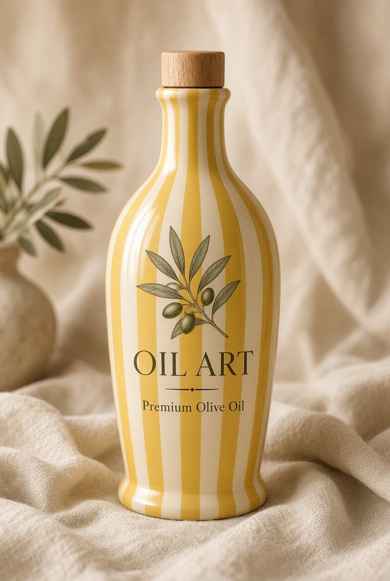 Botella Oilart de rayas mostaza sobre lino natural