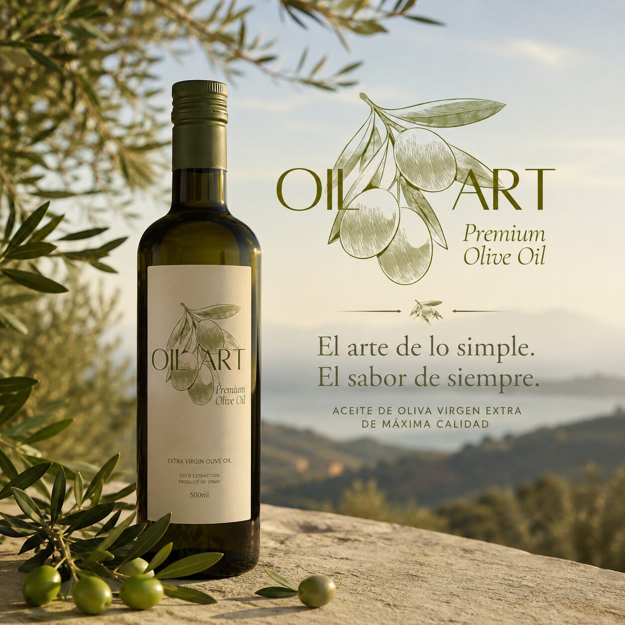 Botella de aceite Oilart frente a un paisaje de olivares del sur de España