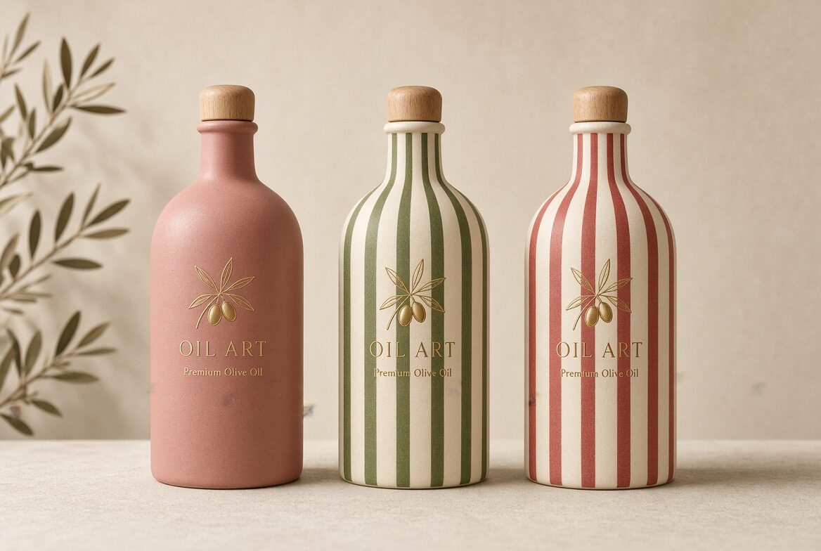 Tres botellas cerámicas Oilart en tonos arcilla, oliva y granate